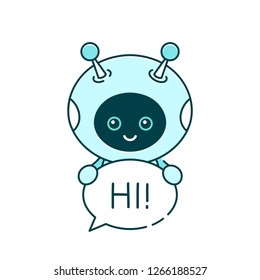 Cute smiling robot,chat bot say hi.Vector modern flat cartoon character illustration.Isolated on white background.Speak bubble.Voice support service chat bot,virtual online help customer support