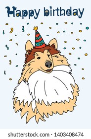 Cute smiling rough collie dog is in flapper confetti with colorful cap is congratulating and wish happy birthday 