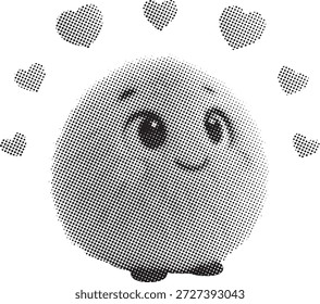 Personagem redondo sorridente bonito com corações em estilo de meio-tom preto e branco, ilustração mascote adorável pontilhado perfeito para arte pop, adesivos, design retro e projetos criativos lúdicos.