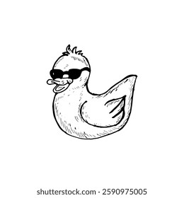 Cute smiling rubber duck wearing sunglasses, hand-drawn doodle cartoon.