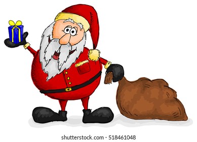 Cute smiling Santa Claus with bag and holding a present