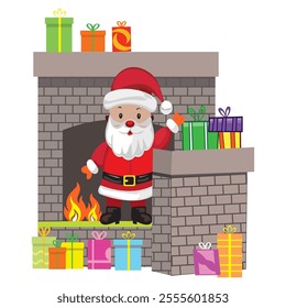 Cute and smiling Santa Claus beside chimney with gift boxes and waving hands.