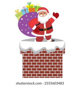 Cute and smiling Santa Claus beside chimney with gift boxes and waving hands.