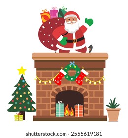 Cute and smiling Santa Claus beside chimney with gift boxes and waving hands.