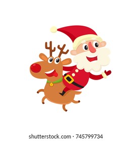 Cute smiling Santa Claus with happy deer, cartoon vector illustration isolated on white background. Old man with happy, glad, smiling face expression.