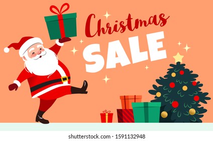 Cute smiling Santa Claus marching carrying a wrapped gift, Christmas Sale caption, decorated Christmas tree with presents in the background. Christmas sale design element for retail promotional poster