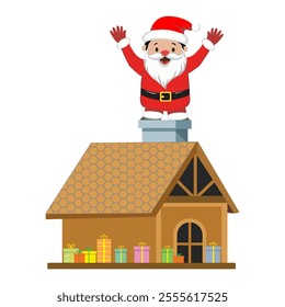 Cute and smiling Santa Claus Santa on the roof with gift boxes and waving hands.
