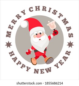 Cute smiling Santa Claus ringing a bell. Cartoon character. Merry Christmas and Happy New Year wishes. Vector illustration for greeting cards, stickers, labels, gift tags.