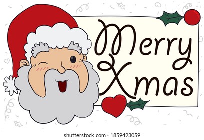 Cute, smiling Santa winking at you with greeting card decorated with heart and mistletoe plant to celebrate a Merry Xmas season.