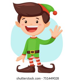 Cute, smiling santa's elf boy waving his hand. Christmas cartoon character