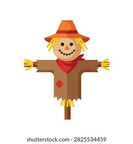 Cute smiling scarecrow vector illustration with orange hat and red bandana for autumn harvest