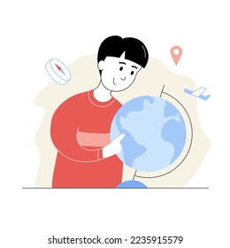 Cute smiling schoolboy exploring globe while studying geography. Elementary school student studying world map art lesson. School education, learning cartoon thin line vector illustration