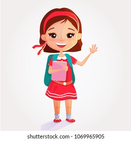 Cute smiling schoolgirl , with backpack  take a book in one hand and say hello with another. Colorful cartoon character isolated.
