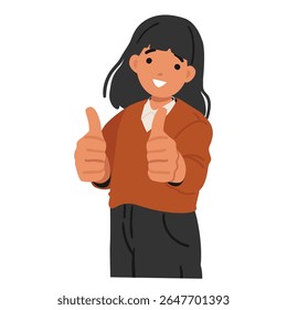 Cute smiling schoolgirl cartoon character in uniform gesturing thumbsup double hands sign isolated portrait. Elementary age girl pupil enjoying back to school beaming happiness vector illustration