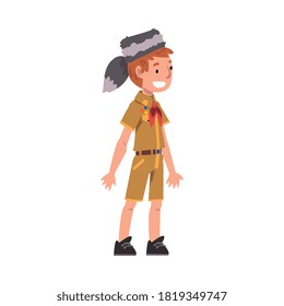 Cute Smiling Scout Boy, Scouting Kid Character Wearing Uniform, Neckerchief and Coonskin Cap, Summer Camp Activities Vector Illustration