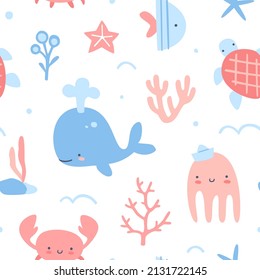Cute smiling sea animals baby pattern. Kawaii seamless vector print with seabed for swimwear and shower apparel.