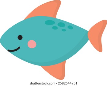 Cute smiling sea fish in kawaii style. Underwater simple funny character isolated on white