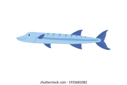 Cute smiling sea pike isolated on white background. Side view of simple marine fish. Childish colored flat cartoon vector illustration of underwater creature