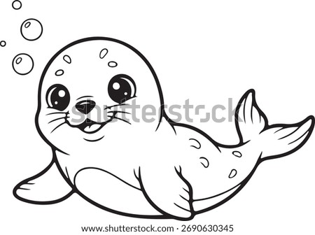 A cute, smiling seal pup drawn in clean black‑and‑white line art with bubbles. Perfect for kids’ coloring pages, education, stickers, and ocean‑themed designs.