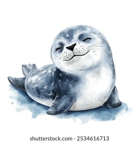 Cute smiling seal relaxing on a snowy surface vector illustration. The gentle, hand-painted style captures a whimsical and peaceful expression, perfect for children's books or nursery decor.