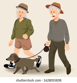 Cute smiling senior couple running with cute dog. Flat modern illustration.