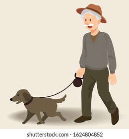 Cute smiling senior man walking with cute dog.
 Flat modern illustration.