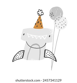 Cute smiling shark with balloons in festive hat on white background. Vector illustration. Cliparts for decorating children's birthday party, invitations, cards, baby shower.