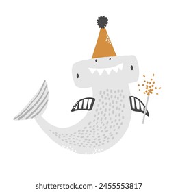 Cute smiling shark with bengal lights in a festive hat on white background. Vector illustration. Cliparts for decorating children's birthday party, invitations, cards, baby shower.