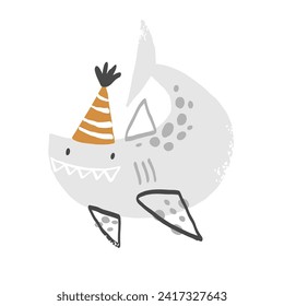Cute smiling shark in festive hat on white background. Vector illustration. Cliparts for decorating children's birthday party, party, invitations, cards, baby shower.