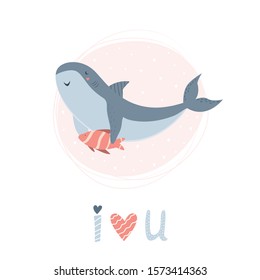 Cute smiling shark with fish friend in childish style. Friendship concept. Vector hand drawn illustration. Animal adorable character design for greeting cards, decorations, prints