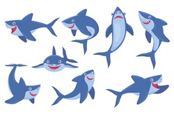 Cute Smiling Shark Flat Pictures Collection. Cartoon Comic Predator Fish In Different Poses Isolated On White Background Vector Illustrations. Underwater Wildlife And Ocean Animals Concept