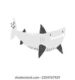 Cute smiling shark. Vector hand drawn kids illustration of shark on white background. Clipart for children. Sea, ocean. Underwater life. Children's print for clothes, poster, children's decoration.