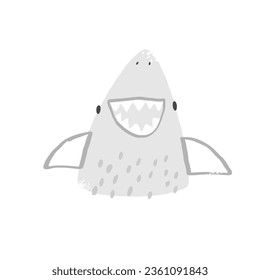 Cute smiling shark. Vector hand drawn kids illustration of shark on white background. Clipart for children. Sea, ocean. Underwater life. Children's print for clothes, poster, children's decoration.