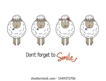 Cute smiling sheep among ordinary ones. Smile and be happy, be yourself, standing out from crowd concepts