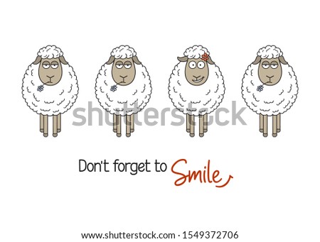 Cute smiling sheep among ordinary ones. Smile and be happy, be yourself, standing out from crowd concepts