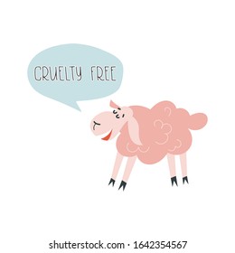 Cute smiling sheep and hand drawn lettering text Cruelty free in speech cloud. Vector isolated illustration.