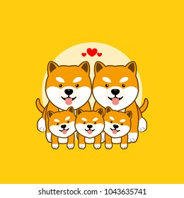 Cute smiling Shiba inu dogs sitting on the floor.  Animal family cartoon with heart vector illustration.