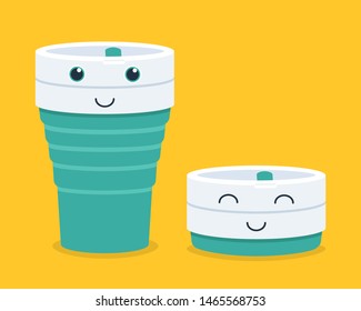 
Cute smiling silicone foldable cup, reusable cup is a good for ecology. Environmental-friendly collapsible cup or foldable cup made from Silicone. Vector flat cartoon illustration character icon.