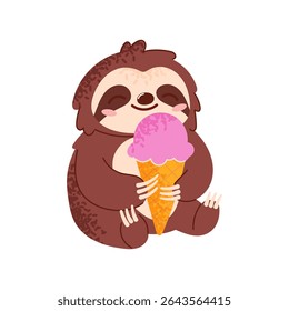Cute smiling sloth character holding ice cream cone. Summer illustration of sloth in simple childish style isolated on white background