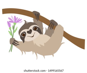 Cute smiling sloth hanging on tree branch. Lovely sloth carries a bouquet. Vector illustration. May be used for print on t-shirt, wallpaper or poster.
