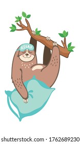 Cute smiling sloth hanging on a tree. Sloth in a sleep mask with the inscription relax. The sloth holds a pillow in his paws, prepares for bed. Sleeping sloth, good night. Vector illustration.