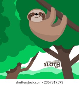 A cute and smiling Sloth hanging on a shady tree branch, with bold text to celebrate International Sloth Day on October