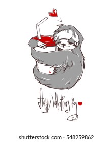 Cute smiling sloth. In Love sloth hugging a cup. Cute character on Valentine's Day. Caption: "Happy Valentine's Day." Beautiful vector illustration.