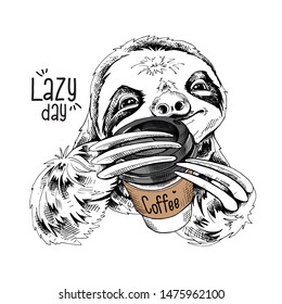 Cute smiling sloth with a plastic cup of coffee. Humor card, t-shirt composition, hand drawn style print. Vector illustration.