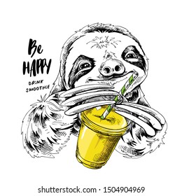 Cute smiling sloth with a Plastic Cup Mockup of Smoothie. Humor card, t-shirt composition, hand drawn style print. Vector illustration.