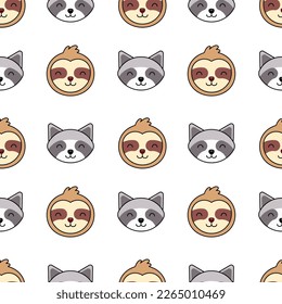 Cute Smiling Sloth and Raccoon Seamless Pattern vector illustration set