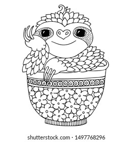 Cute smiling sloth sitting in a mug. Hand drawn lovely sloth for adult coloring page. Vector illustration. May be used for print on t-shirt, wallpaper or poster.