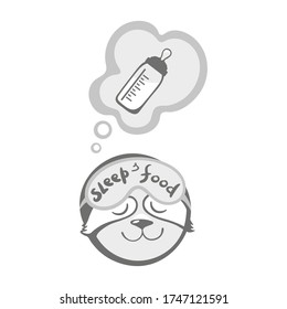 Cute smiling sloth in a sleep mask dreams of a bottle of milk. Bear sloth dreams of milk. Vector illustration on a white background.