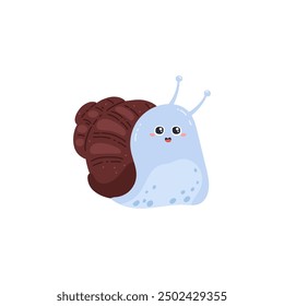 Cute smiling snail with a light blue body and a dark brown shell. Adorable and friendly facial expression. Vector illustration perfect for children's designs, educational materials