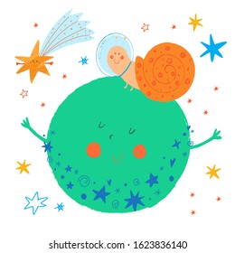 Cute smiling snail is on the planet. Space animals. Print for kids. Funny animal in sky. Cosmos background. Stars and comet. Funny cartoon children illustration. Vector hand drawn clipart. Cosmonaut.